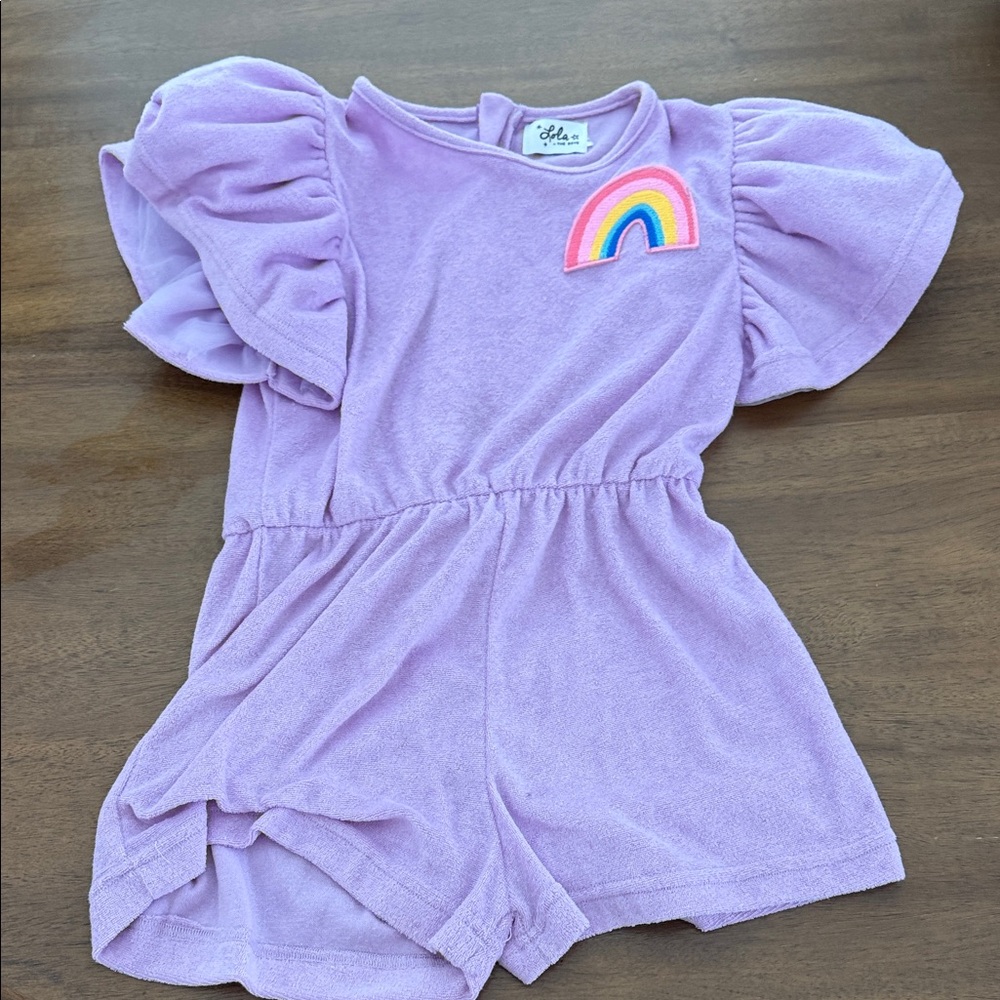 Lola & the Boys Lilac Puff-Sleeve Romper with Rainbow🌈